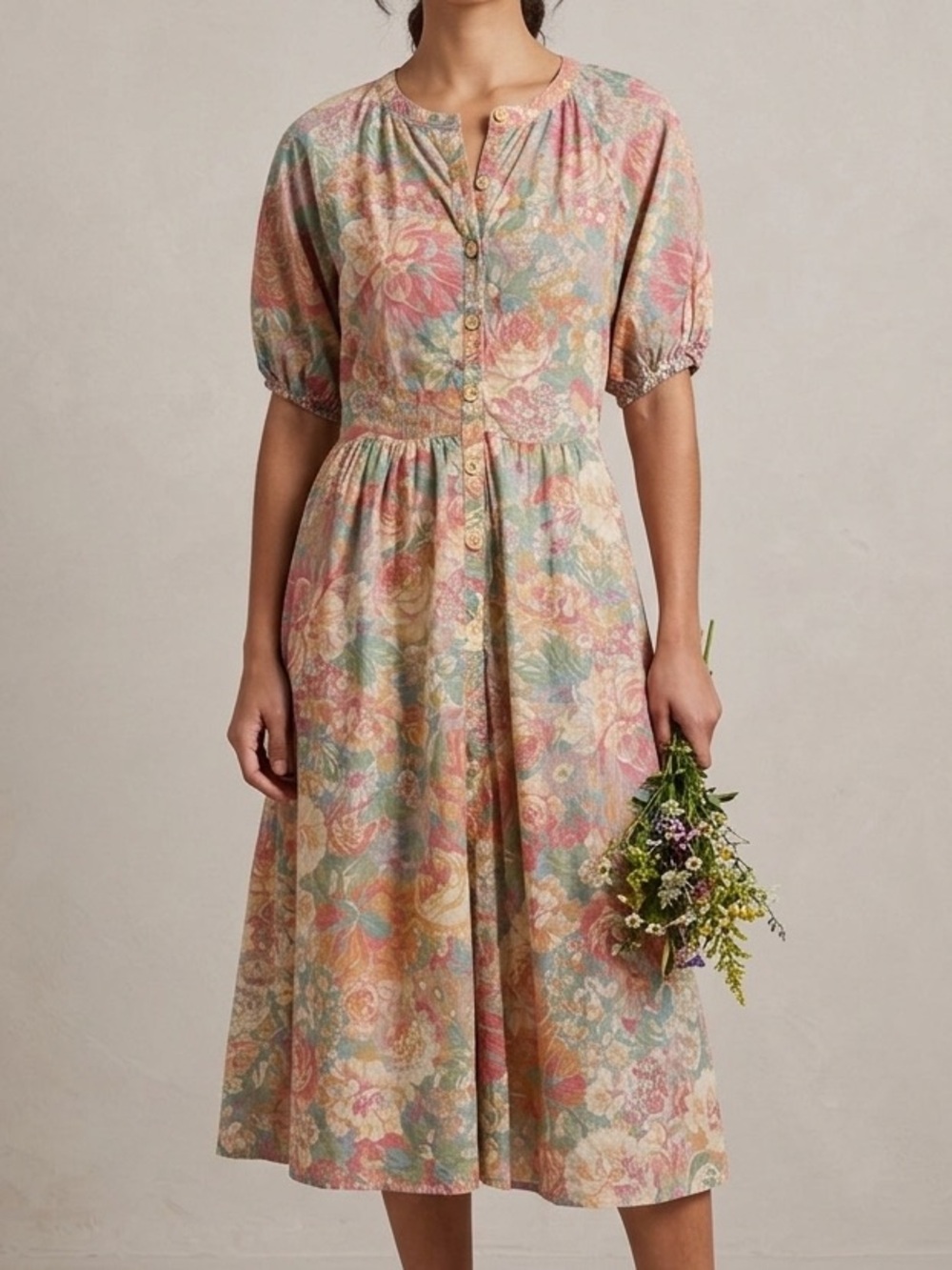 Vintage Floral Pastel Button-Front Puff Sleeve Summer Midi Dress Size Small